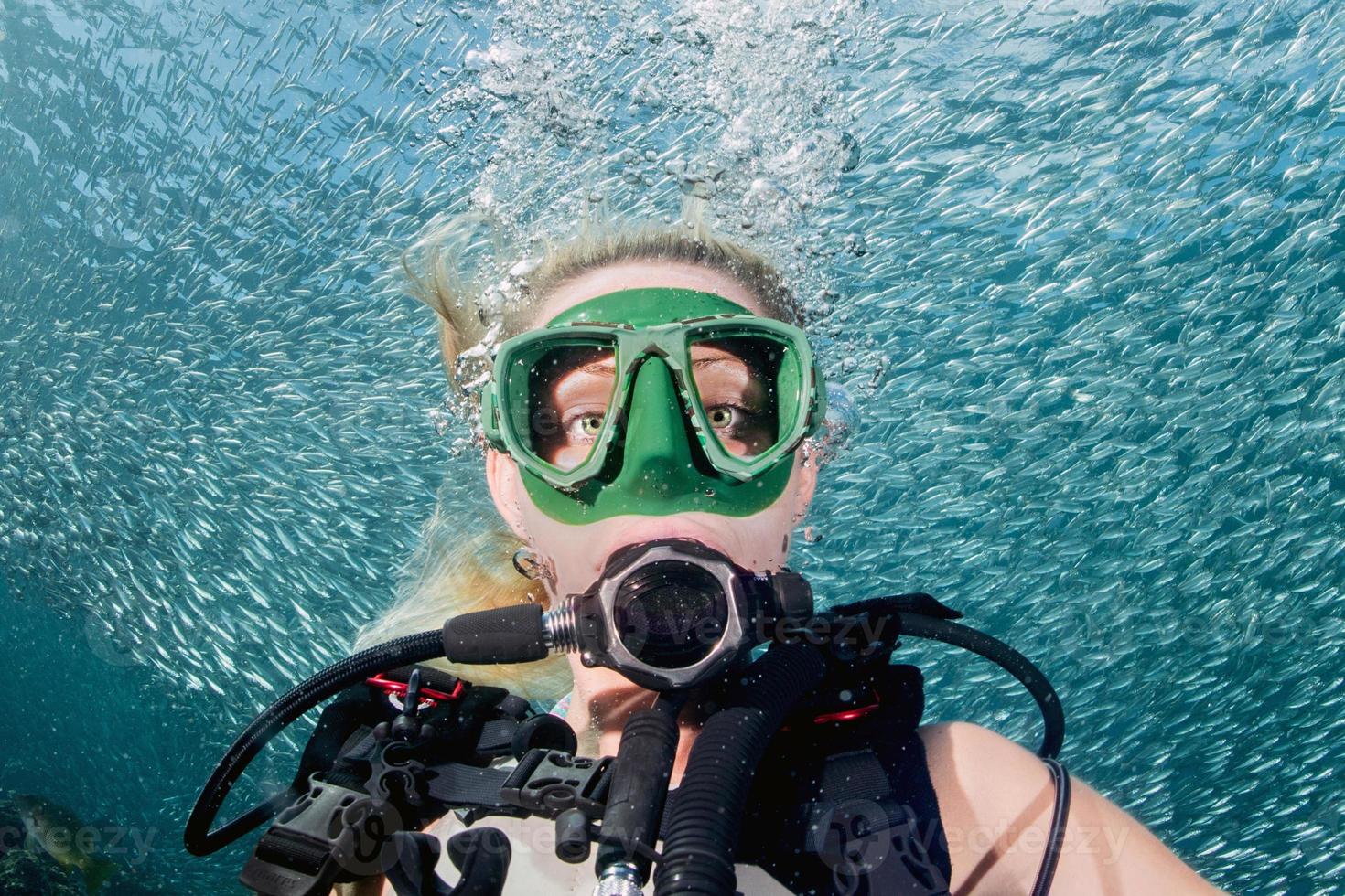 beauty blonde diver girl looking at you while swimming underwater photo