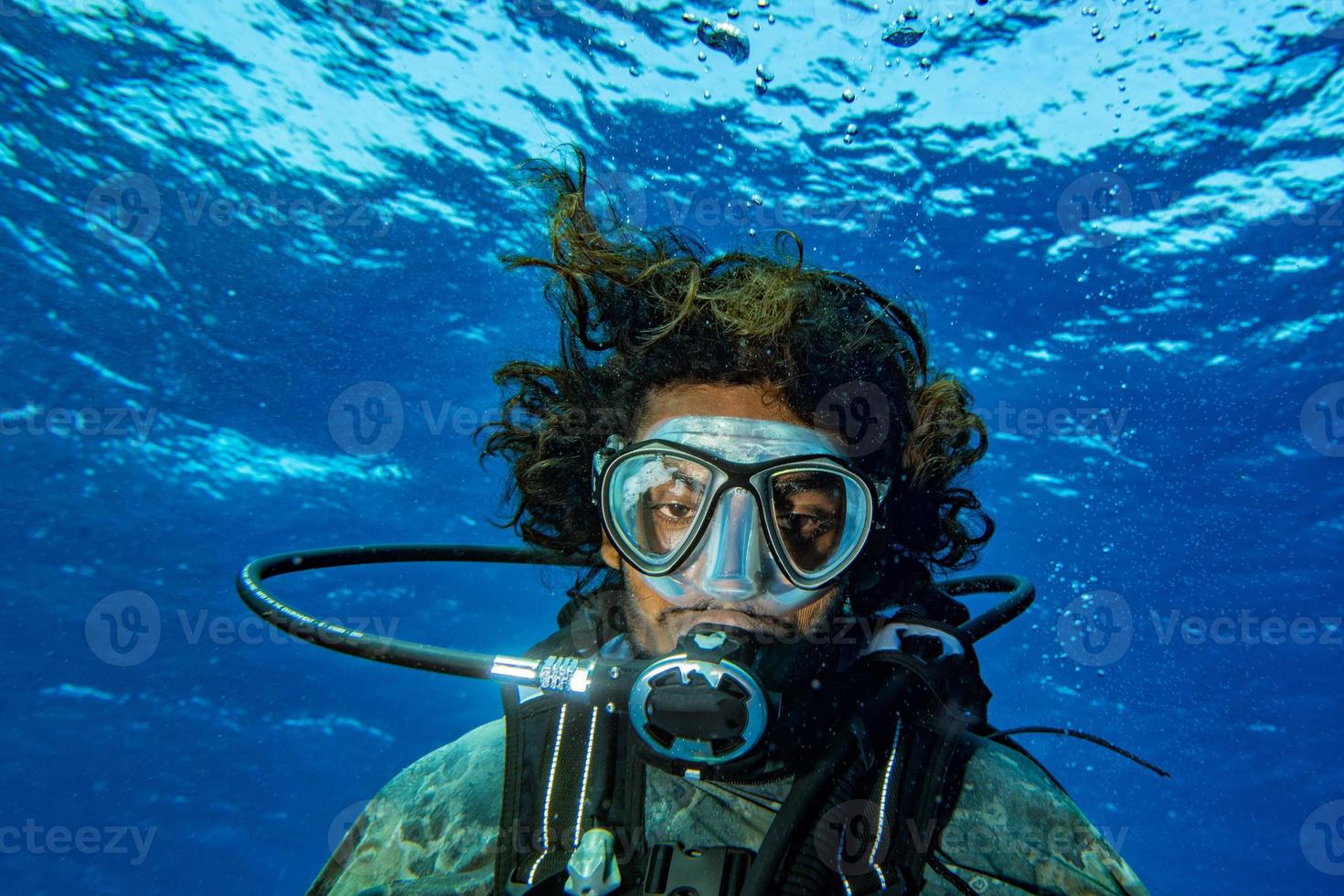 Scuba diver smiling underwater selfie portrait in the ocean photo