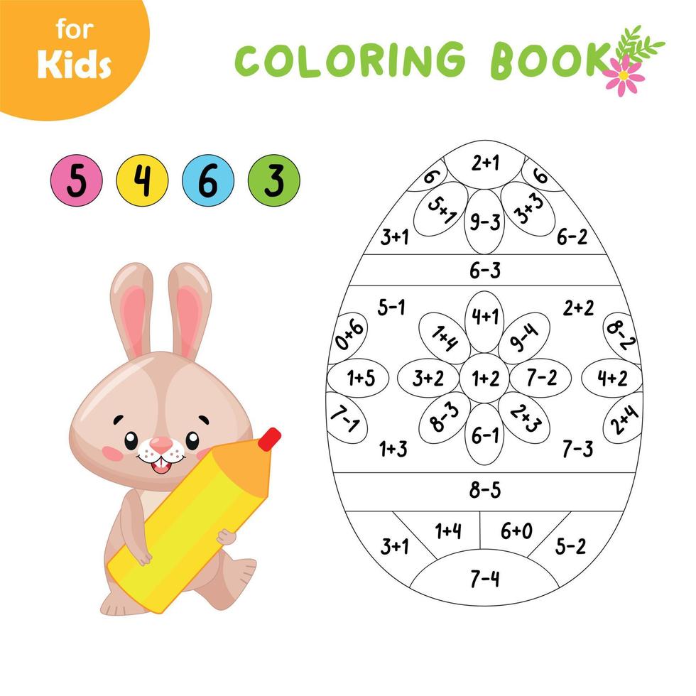 Educational Games For Kids. Mathematics. Solve The Example, Help The Bunny Color The Egg. Easter Series. Education And Entertainment For Young Children. Puzzle Workbook For Preschoolers, Activity Book vector