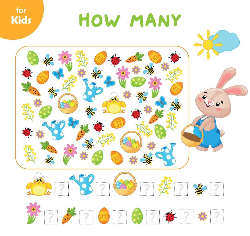 Easter Bunny With A Basket. Help The Rabbit Count And Collect All The Eggs And Flowers. We Train Mindfulness, Counting. Workbook For Children. For Children, Educational, Entertaining, Attention Skills vector