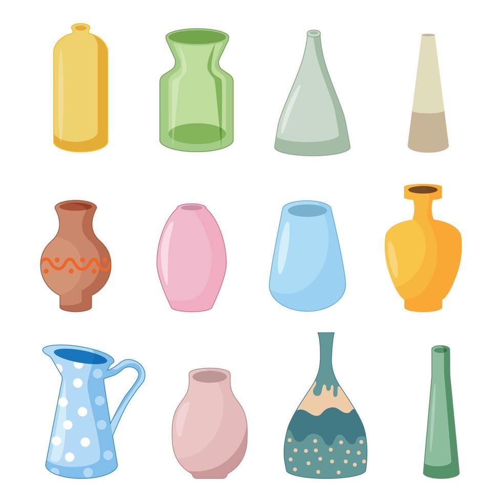 Set Depicting Beautiful Vases And Images Of Various Flowers. Spring And Summer Flowers For Your Design. Vase With Flowers, Isolated Object On White Background vector