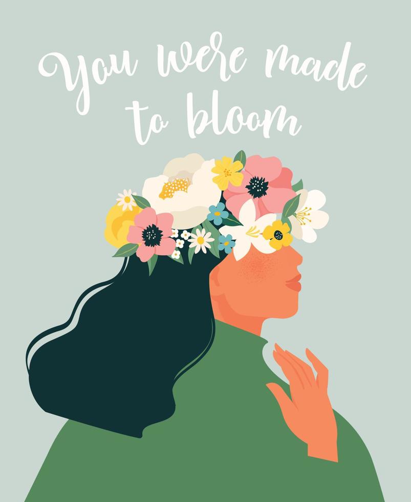 Postcard for women's day. Beautiful woman with a flower wreath, bouquet of spring flowers. You were made to bloom. vector