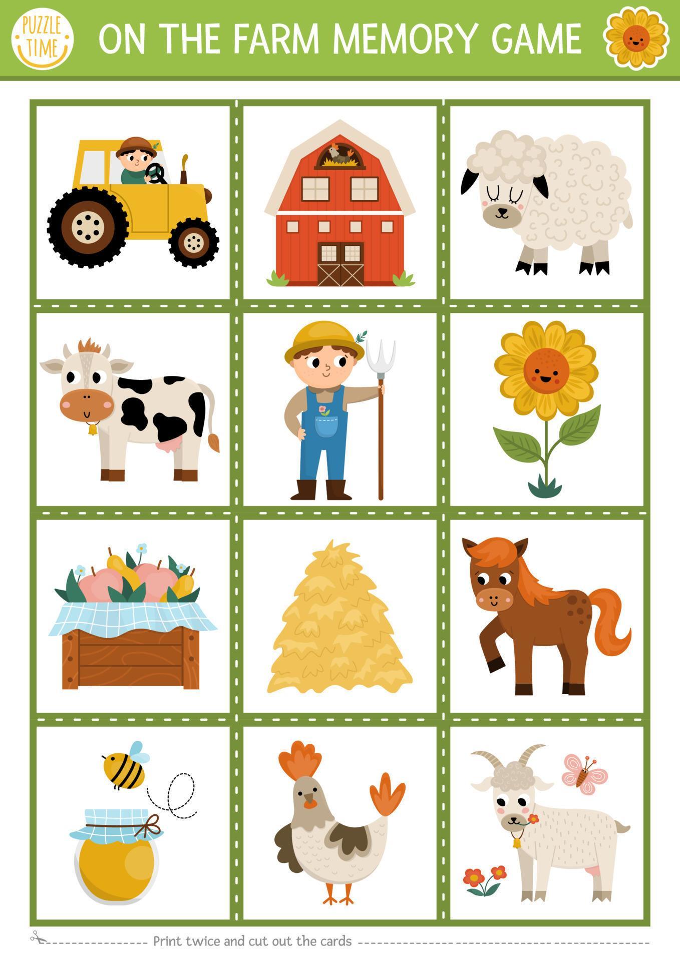 Vector on the farm memory game cards with cute traditional rural