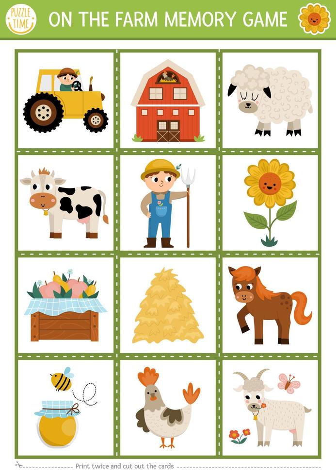 Vector on the farm memory game cards with cute traditional rural symbols. Farm garden matching activity. Remember and find correct card. Simple printable worksheet for kids