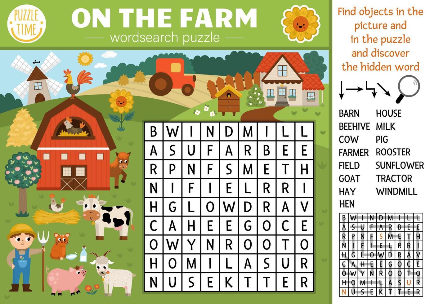 Vector on the farm wordsearch puzzle for kids. Simple farm word search quiz with rural country landscape. Educational activity with cow, farmer, barn. Cross word with village scene