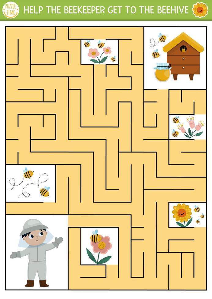 Farm maze for kids with beekeeper and beehive. Country side preschool printable activity with cute bees, flowers, honey jar. Spring or summer geometric labyrinth game or puzzle vector