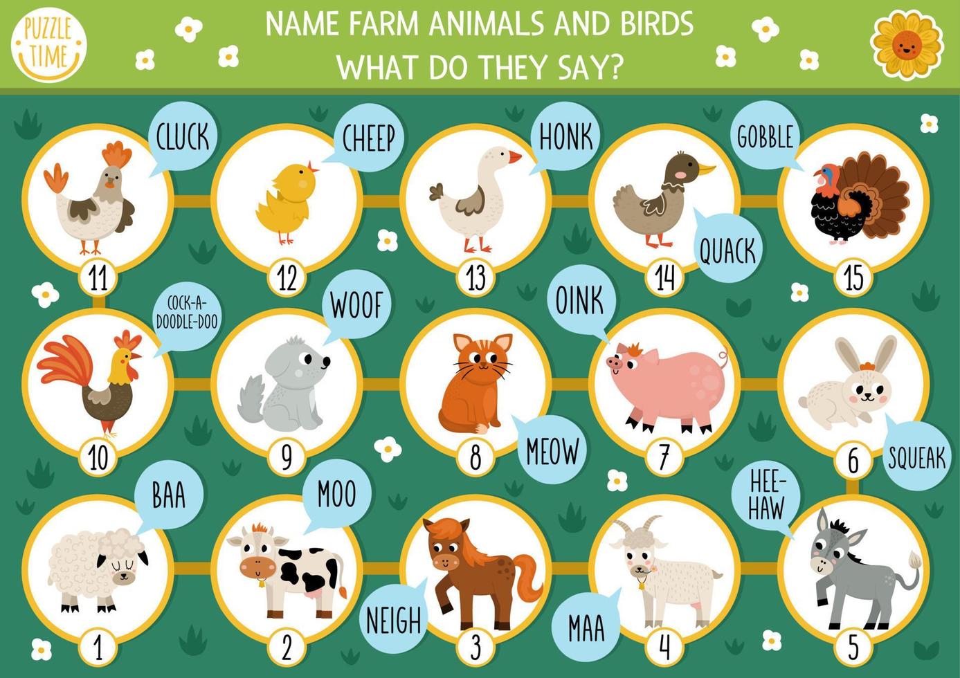 Dice board game for children with farm animals, birds and their sounds. Countryside boardgame.  Rural country activity or printable worksheet for kids. Name the animals, say moo, baa, oink, meow vector