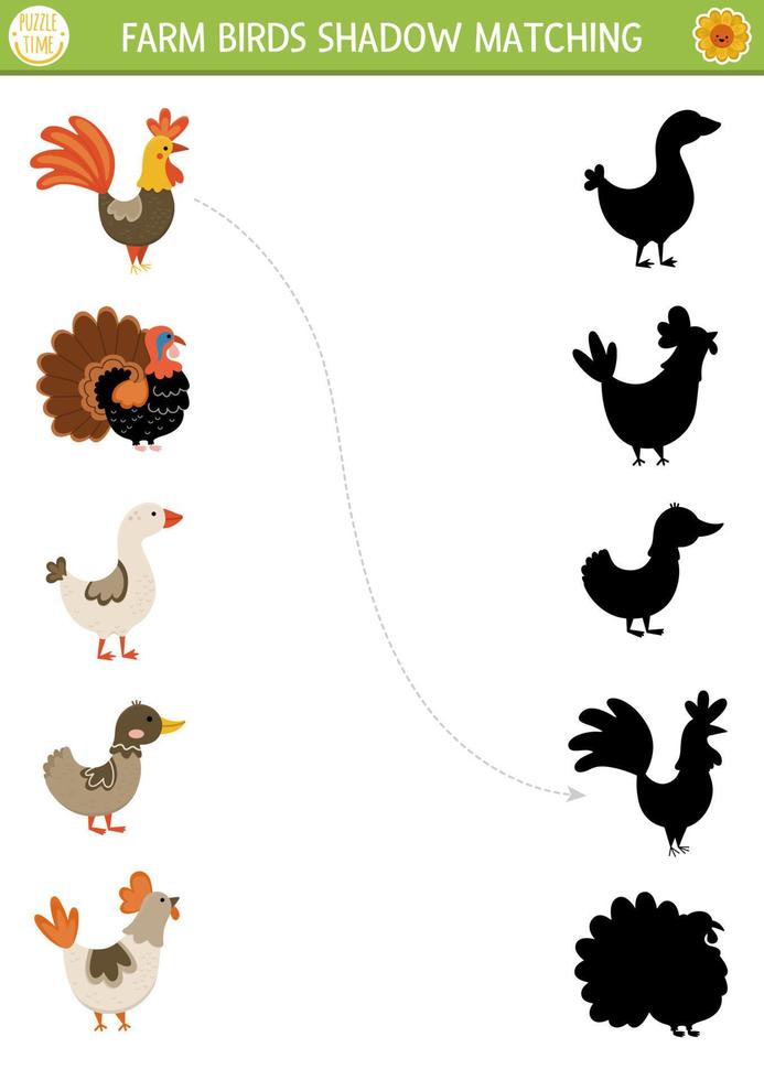 granja sombra pareo actividad con aves. país pueblo rompecabezas con linda gallina, gallo, ganso, pato, pavo. encontrar correcto silueta imprimible hoja de cálculo o juego. en el granja página para niños vector