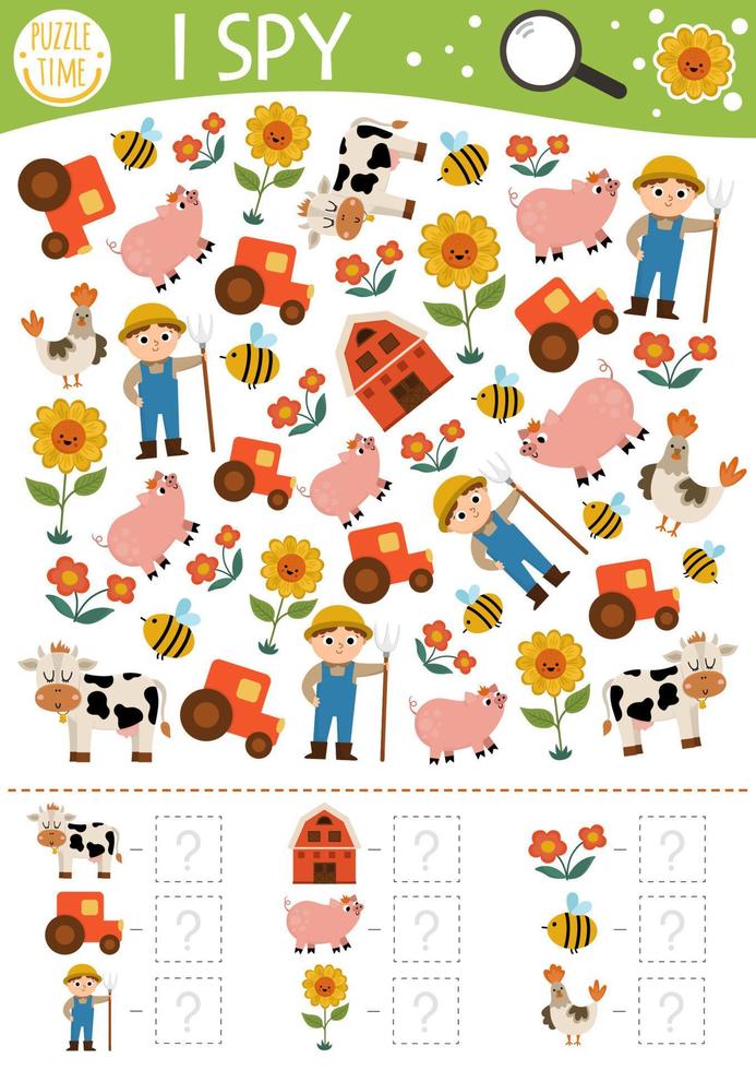 On the farm I spy game for kids. Searching and counting activity with farmer, tractor, barn, cow. Rural village printable worksheet for preschool children. Simple country farm spotting puzzle vector