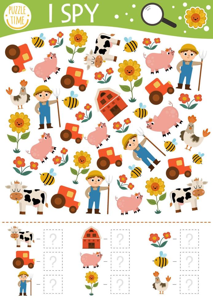 en el granja yo espía juego para niños. buscando y contando actividad con agricultor, tractor, granero, vaca. rural pueblo imprimible hoja de cálculo para preescolar niños. sencillo país granja punteo rompecabezas vector