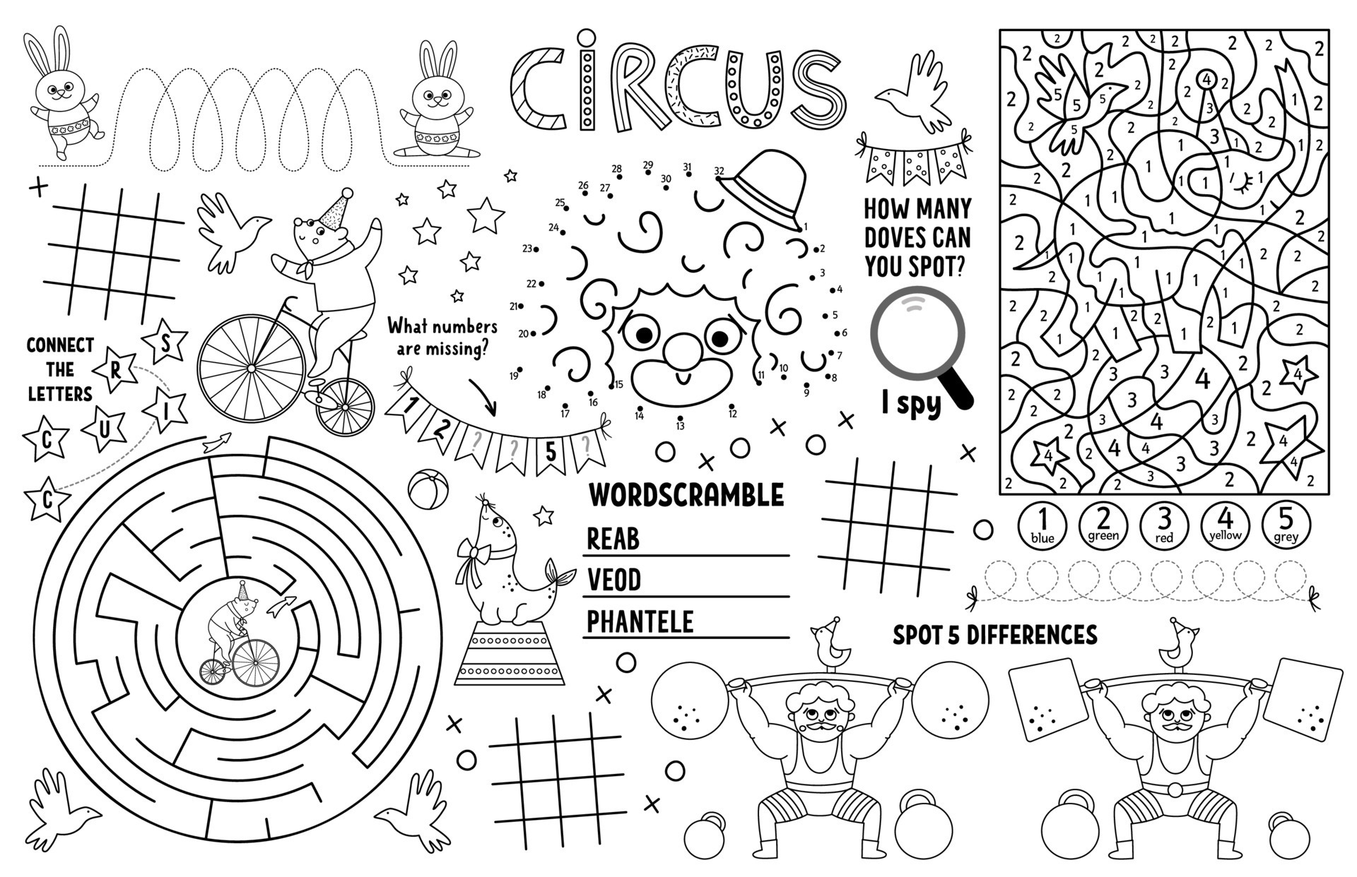 Vector circus placemat for kids Amusement show printable activity mat