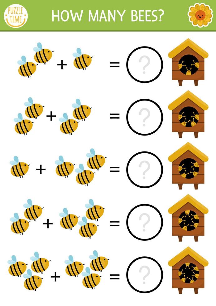 How many bees game with cute insects. On the farm math addition activity for preschool children. Simple farm printable counting worksheet for kids with beehive vector