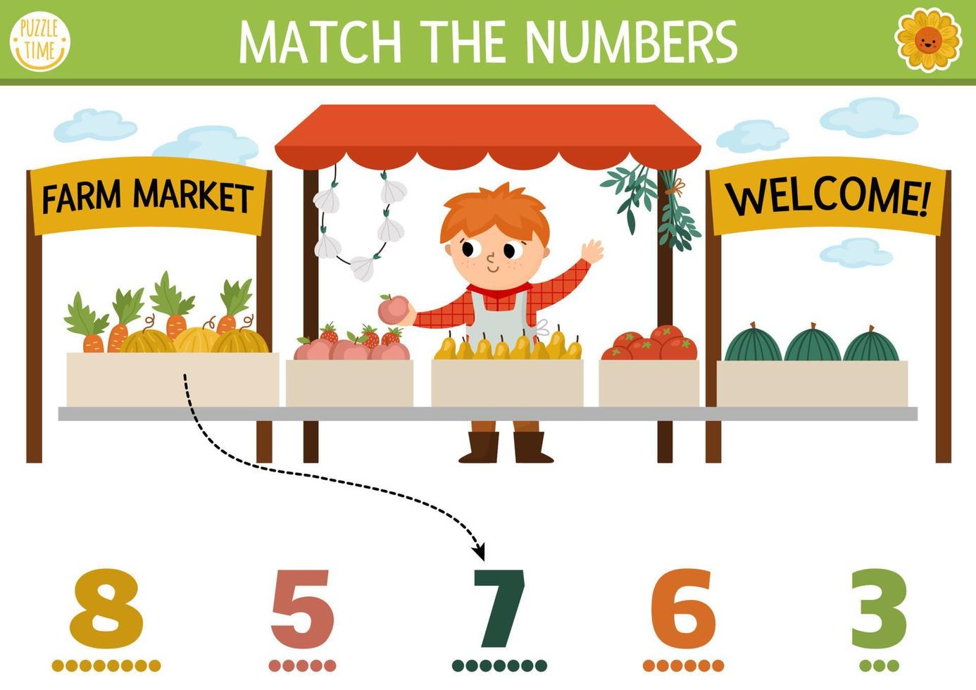 Match the numbers farm game with farm market, vendor, fruit and vegetables. Rural country math activity for preschool kids. On the farm educational printable counting worksheet vector