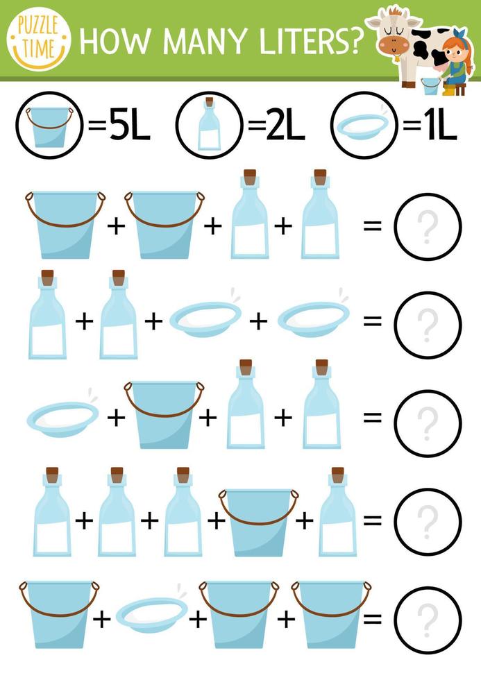 Farm how many liters game with funny cow, milk dairymaid. On the farm math addition activity for preschool children. Printable simple country counting worksheet for kids vector