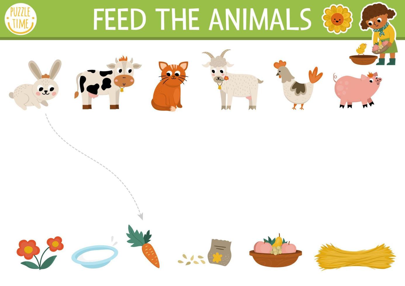 Farm matching activity with cute animals and food. Country puzzle with rabbit, cow, cat, hen, goat, pig. Match the objects game. Feed the animals printable worksheet. On the farm match up page vector