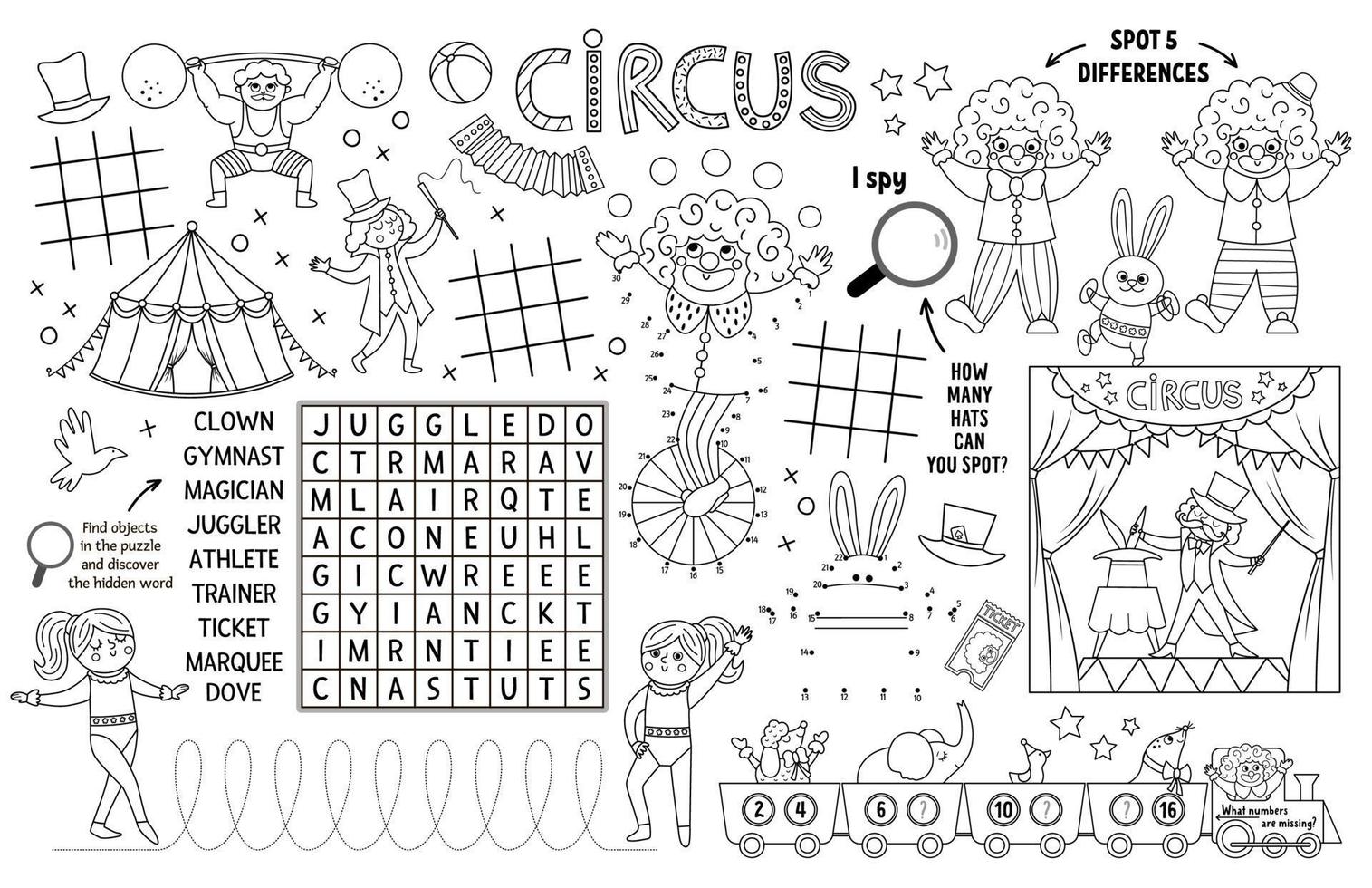 Vector circus placemat for kids. Amusement show printable activity mat with maze, tic tac toe charts, connect the dots, find difference. Black and white play mat or coloring page with clown