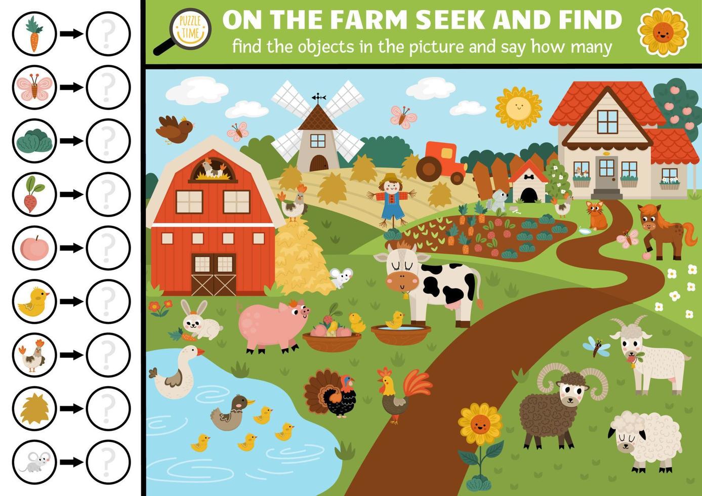Vector farm searching game with rural countryside landscape. Spot hidden objects in the picture and say how many. Simple fantasy seek and find and counting educational printable activity for kids