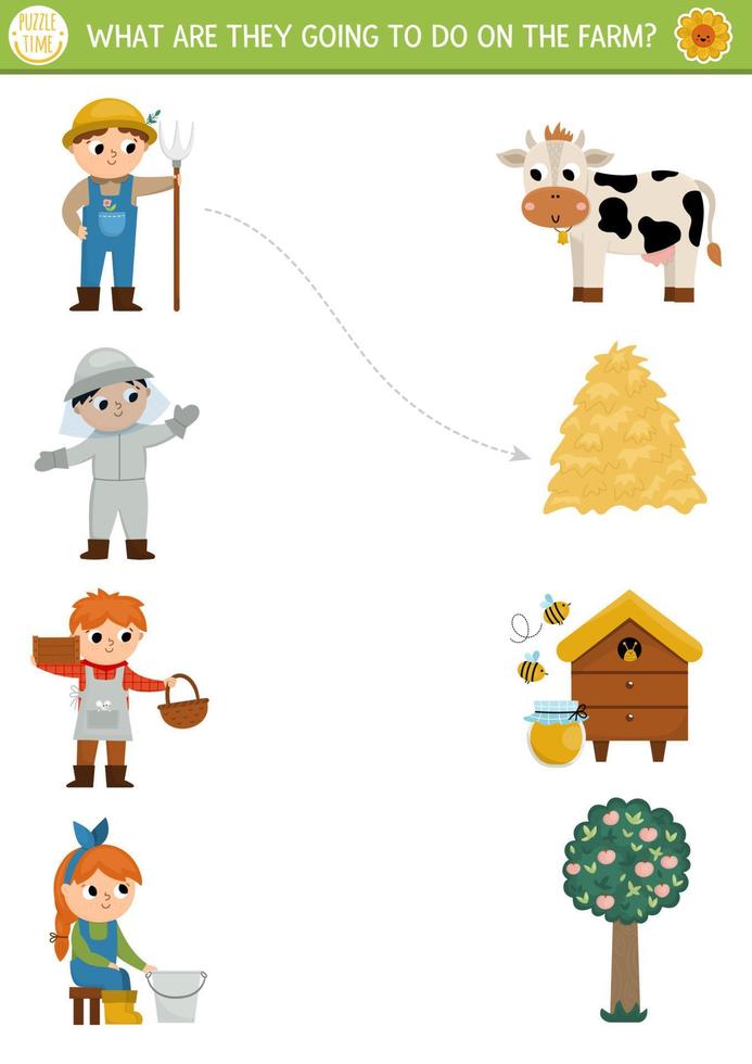 Farm matching activity with cute farmers and their chores. Country puzzle with cow, hay, beekeeper, market vendor, dairymaid. Match the objects game. On the farm match up printable page vector