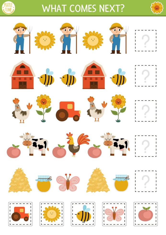 What comes next. Farm matching activity for preschool children with traditional country symbols and characters. Funny rural village puzzle. On the farm logical worksheet. Continue the row game vector