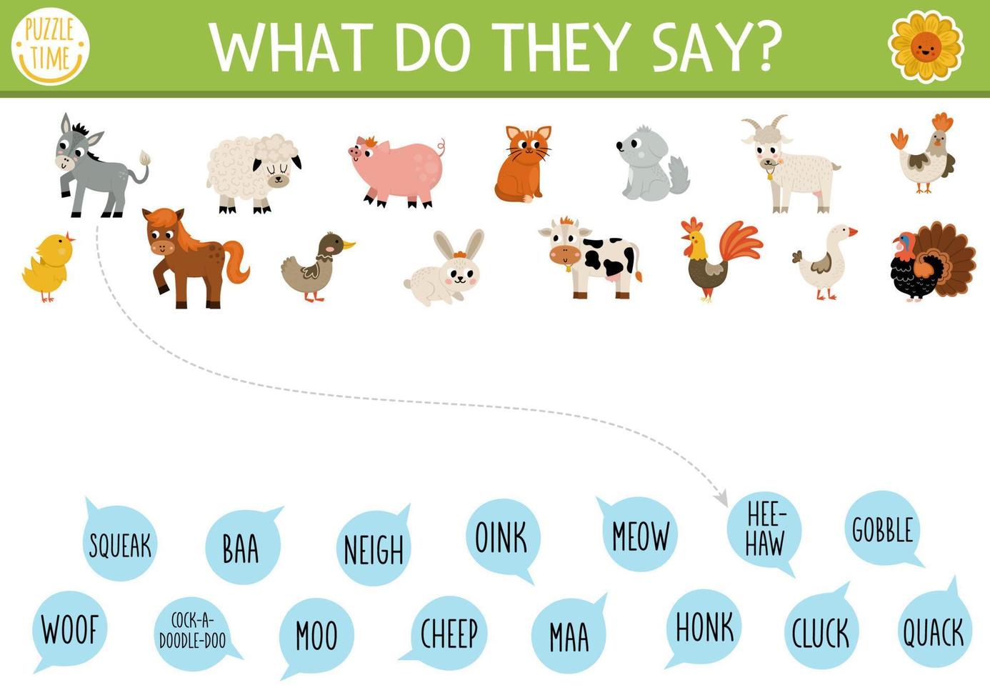 Farm matching activity with cute animals and animal sounds. Country puzzle with rabbit, cow, cat, hen, goat, pig. What do they say printable worksheet. On the farm match up page vector