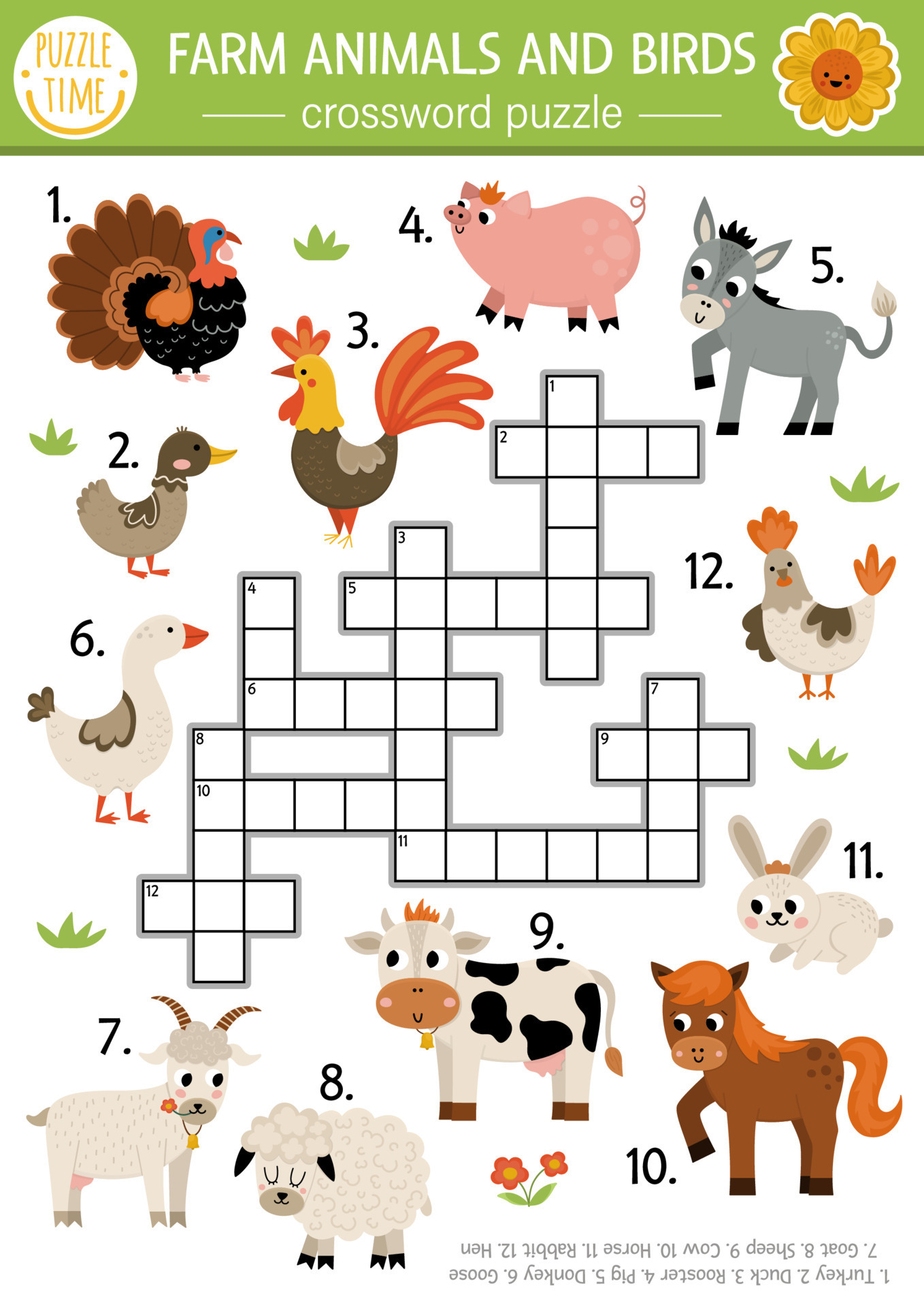 Vector farm animals and birds crossword puzzle for kids. Simple on the farm  quiz for children. Country educational activity with cow, hen, pig, goat,  horse. Rural village cross word with cattle 20350213