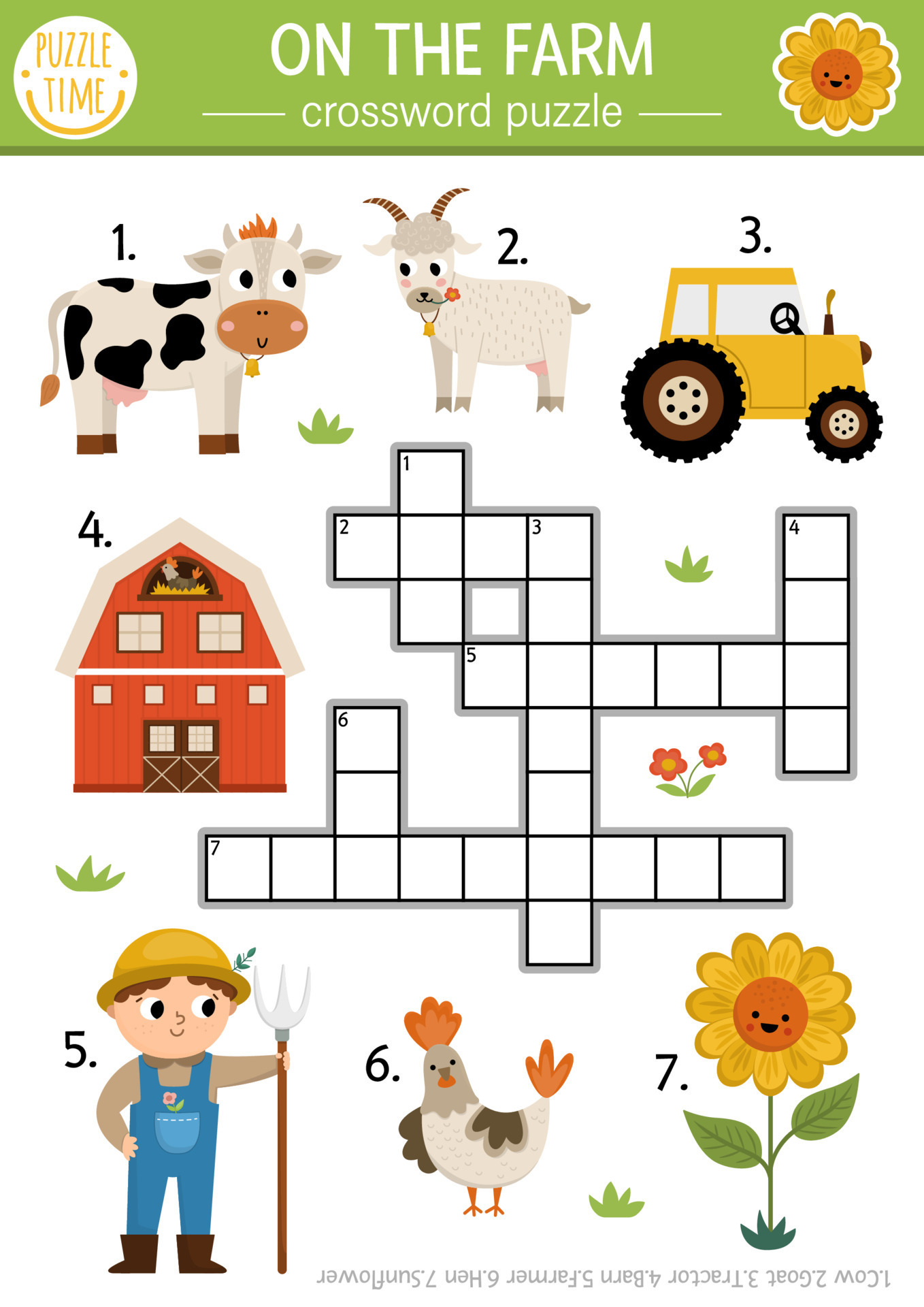 Vector on the farm crossword puzzle for kids. Simple farm quiz for