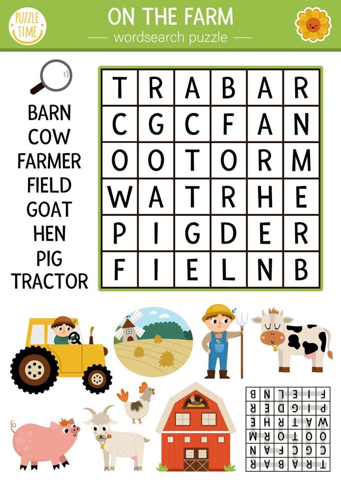 Vector on the farm word search puzzle for kids Simple farm word search