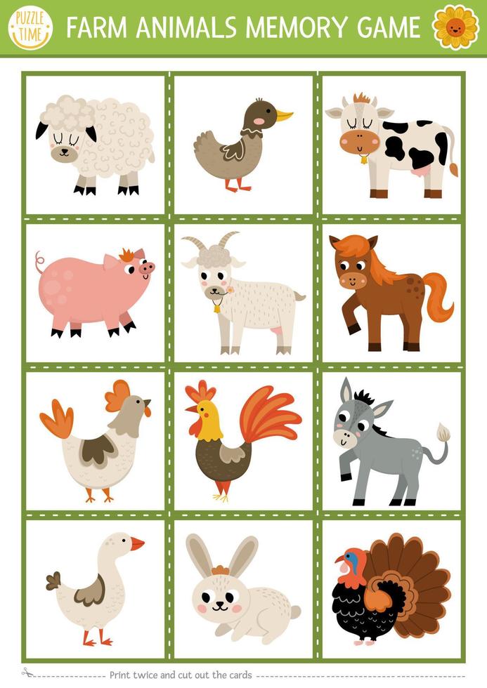 Vector farm animals and birds memory game cards with cute cow, hen, sheep, goat. On the farm matching activity. Remember and find correct card. Simple printable worksheet for kids