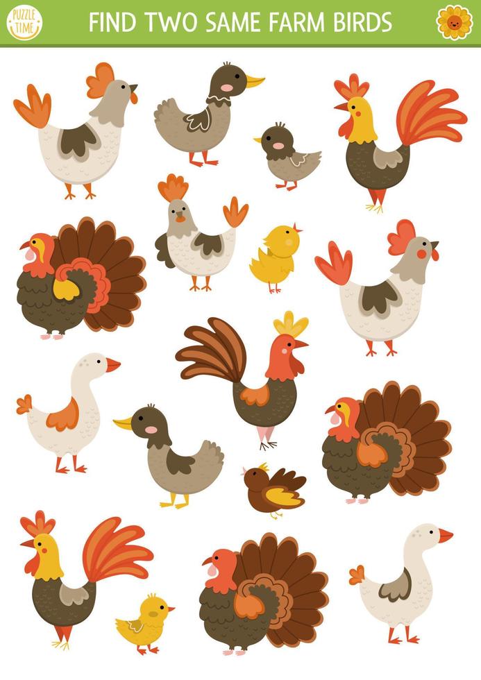 Find two same farm birds. On the farm matching activity for children. Rural village educational quiz worksheet for kids for attention skills. Simple printable game with cute hen, rooster, goose vector