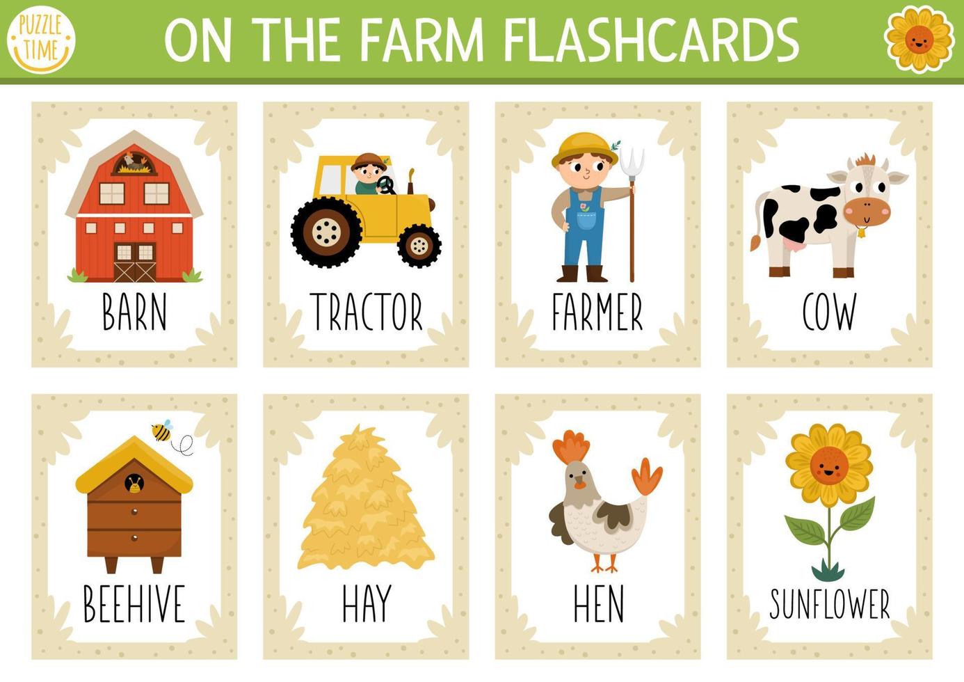Vector on the farm flash cards set. English language game with cute barn, tractor, farmer for kids. Rural countryside flashcards with animals. Simple educational printable worksheet.