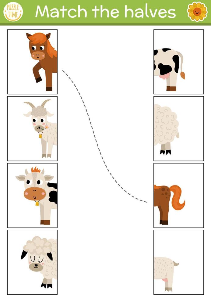 granja conectar el mitades hoja de cálculo. en el granja pareo juego para preescolar niños con Doméstico animales partido cabezas y cruz actividad con vaca, caballo, oveja, cabra. vector