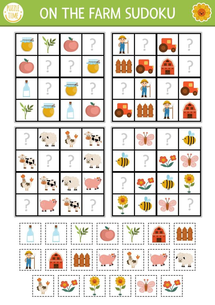 vector granja sudoku rompecabezas para niños con fotos. sencillo en el granja examen con cortar y pegamento elementos. educación actividad o colorante página con agricultor, granero, tractor. dibujar desaparecido objetos