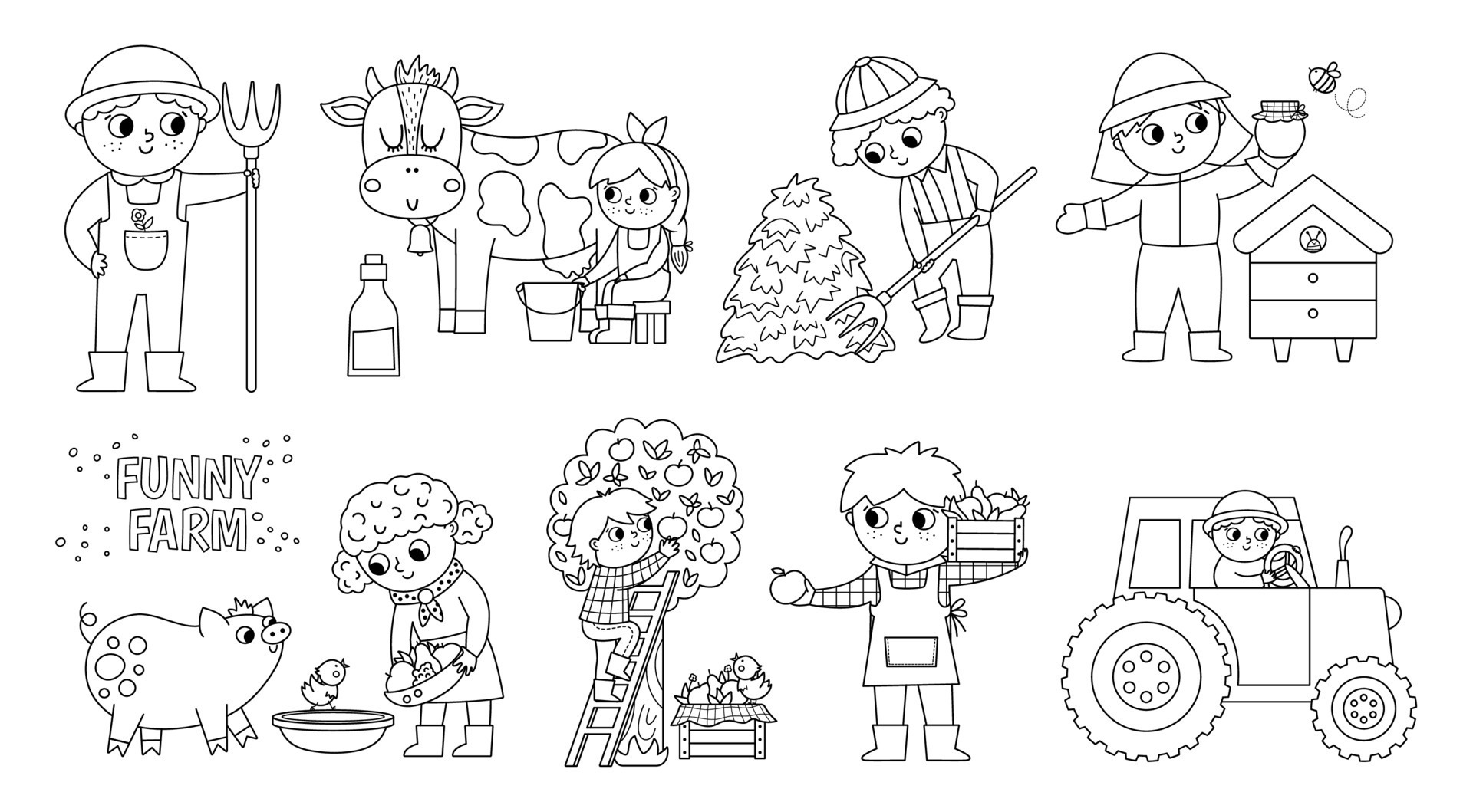 Vector black and white farmers - Black And White Farmers Set Cute Kids Doing Agricultural Work Rural Outline Country Scenes Children Gathering Hay Feeding Animals Milking Cow Farm Coloring Pages Vector