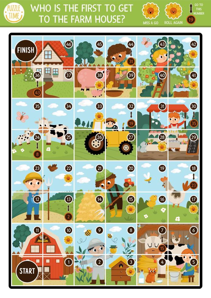 Farm dice board game for children with cute animals and kids farmers. Boardgame with country scenes and square fields.  Rural printable activity or worksheet. Who is the first to get to the farm house vector