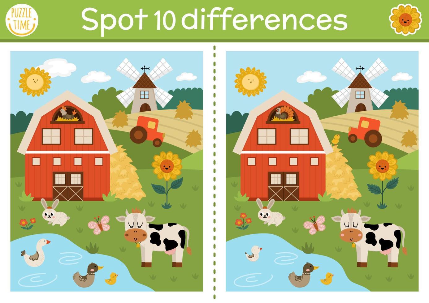 Find differences game for children. On the farm educational activity with cute barn house, rural landscape, tractor. Farm puzzle for kids with farm scene. Village printable worksheet vector