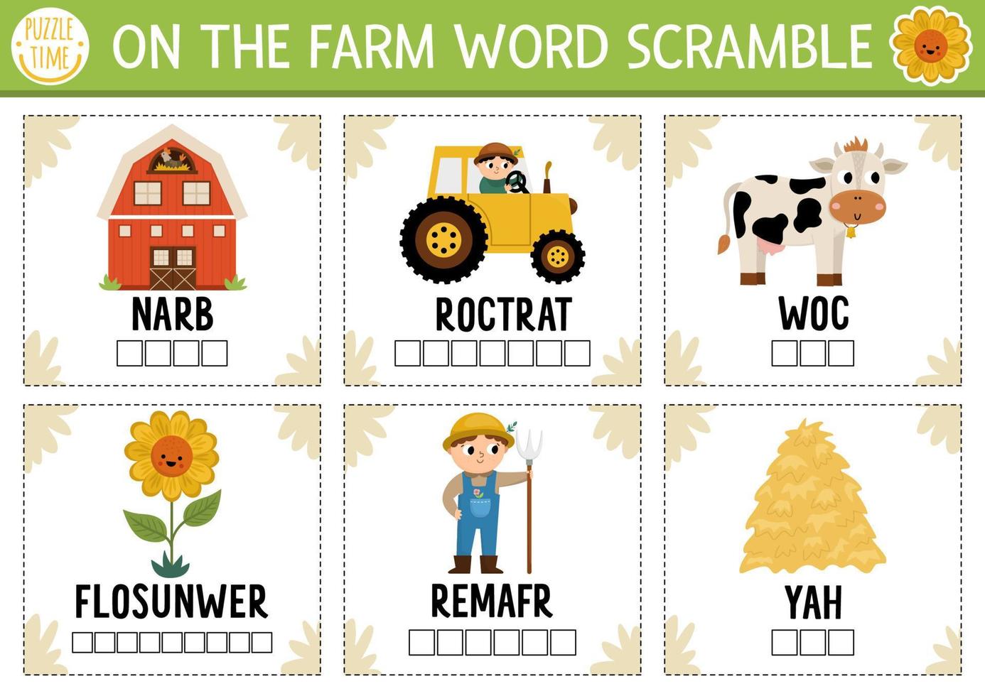 Vector on the farm word scramble activity page. English language game with barn, tractor, farmer for kids. Rural countryside family quiz with sunflower, cow. Educational printable worksheet.