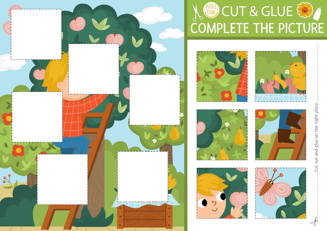 Vector on the farm cut and glue activity. Garden crafting game with cute farmer and apple tree. Fun printable worksheet for children. Find the right piece of the puzzle. Complete the picture