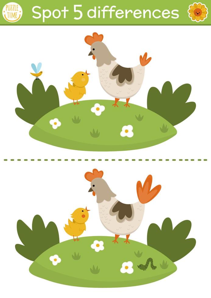 Find differences game for children. On the farm educational activity with cute hen and chicken. Farm puzzle for kids with farm birds and rural landscape. Village printable worksheet or page vector