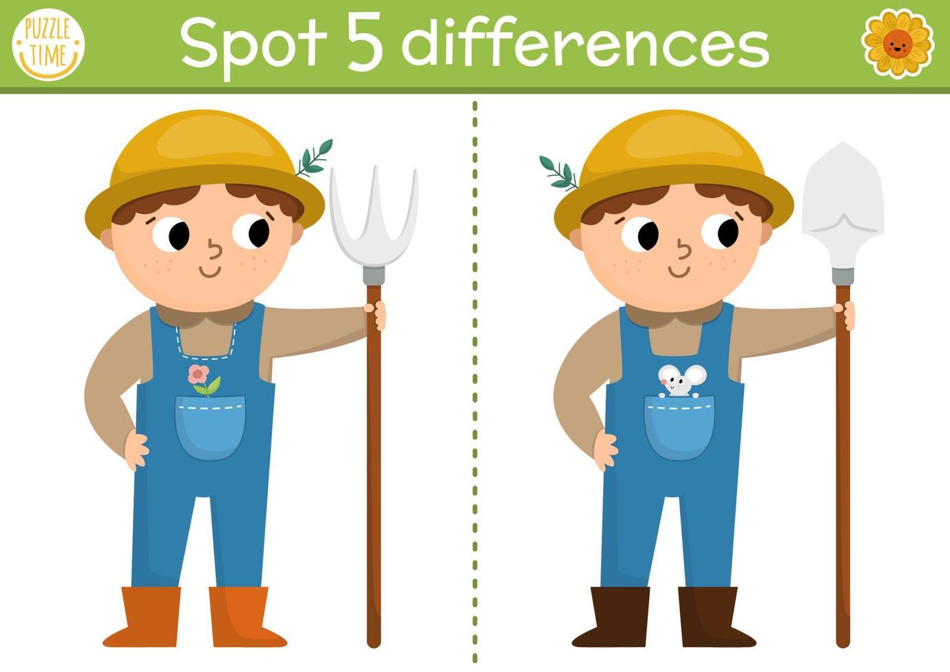 Find differences game for children. On the farm educational activity with cute farmer. Farm puzzle for kids with funny boy character. Rural village printable worksheet or page vector