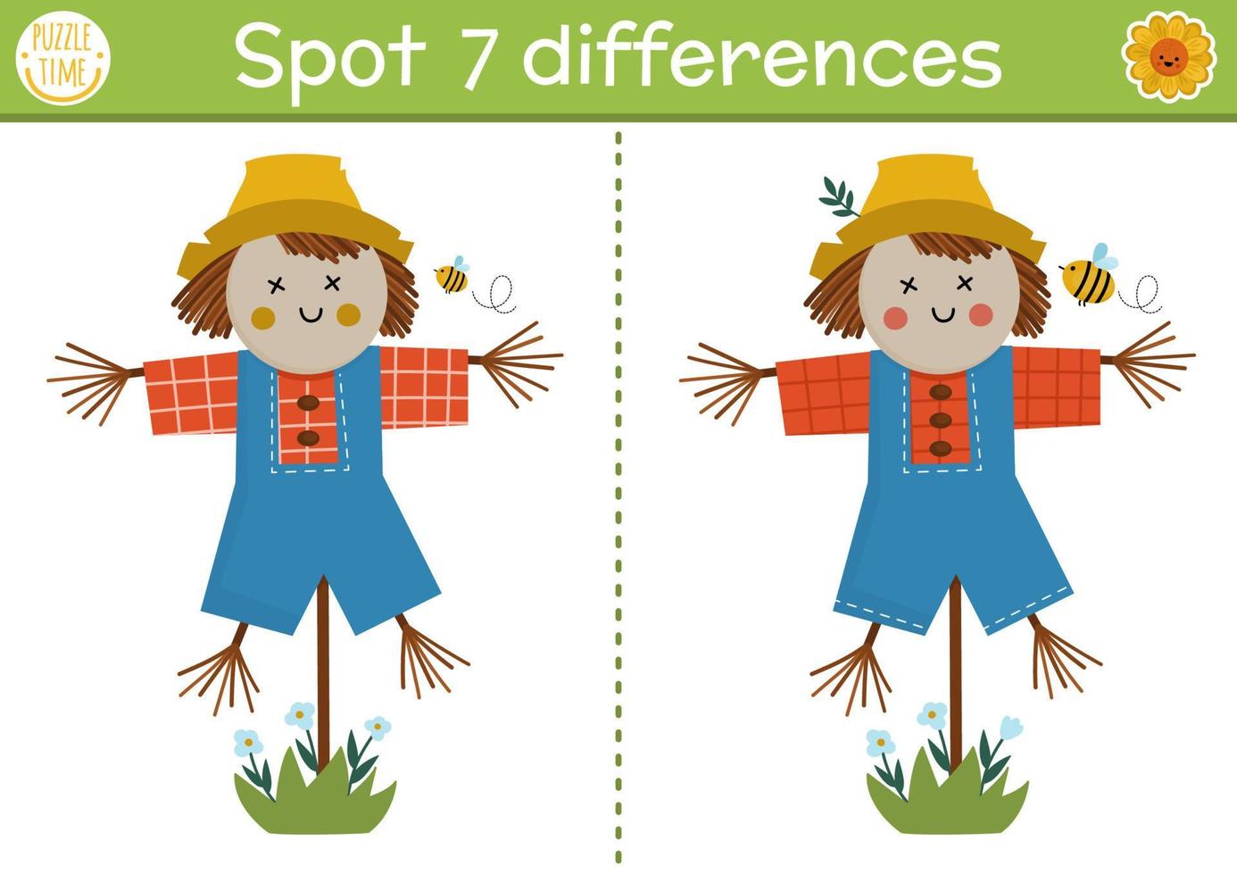 Find differences game for children. On the farm educational activity with cute scarecrow. Farm puzzle for kids with funny boy character. Rural village printable worksheet or page vector