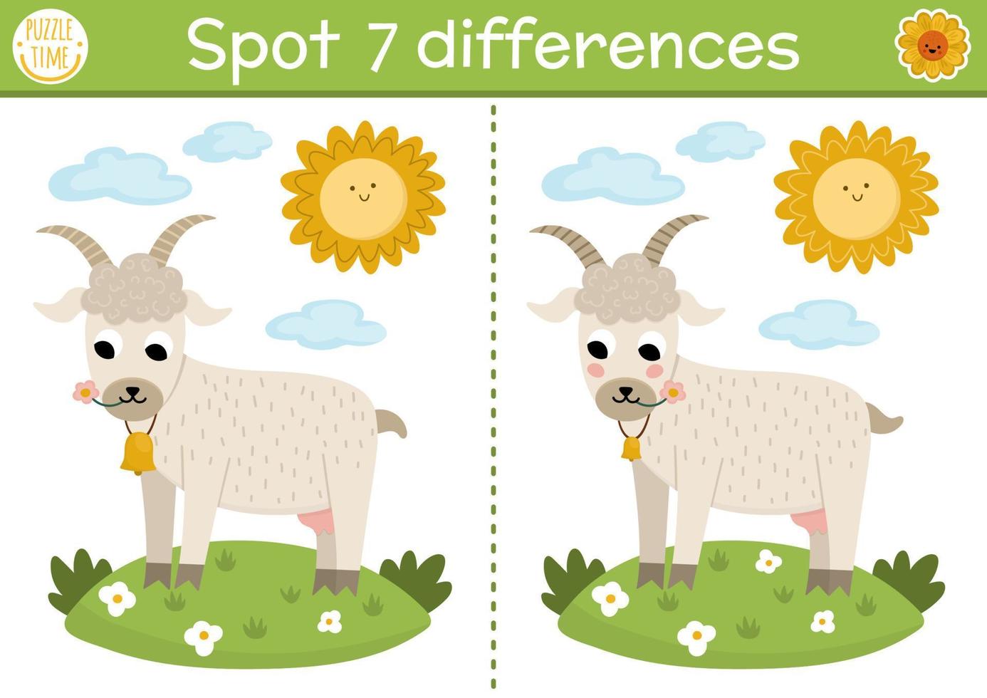 Find differences game for children. On the farm educational activity with cute goat on a meadow. Farm puzzle for kids with farm animal and rural landscape. Village printable worksheet or page vector