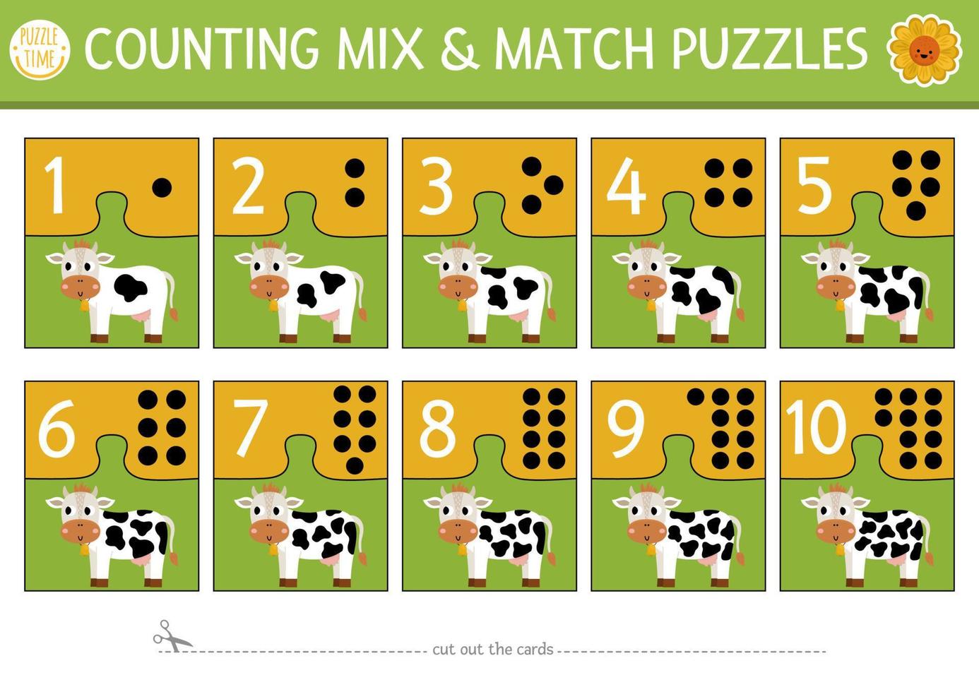 Vector on the farm mix and match puzzle with cute cow and spots. Matching math activity for preschool children. Educational printable counting match up game for kids with farm animal