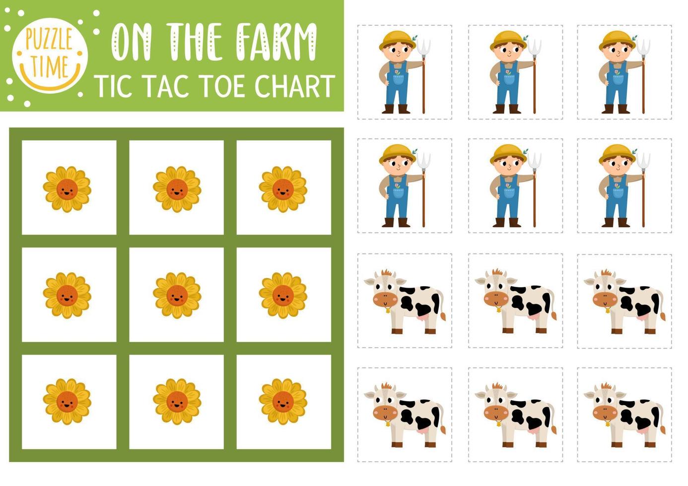 Vector on the farm tic tac toe chart with farmer and cow. Farm board game playing field with cute characters. Funny rural village printable worksheet. Noughts and crosses grid