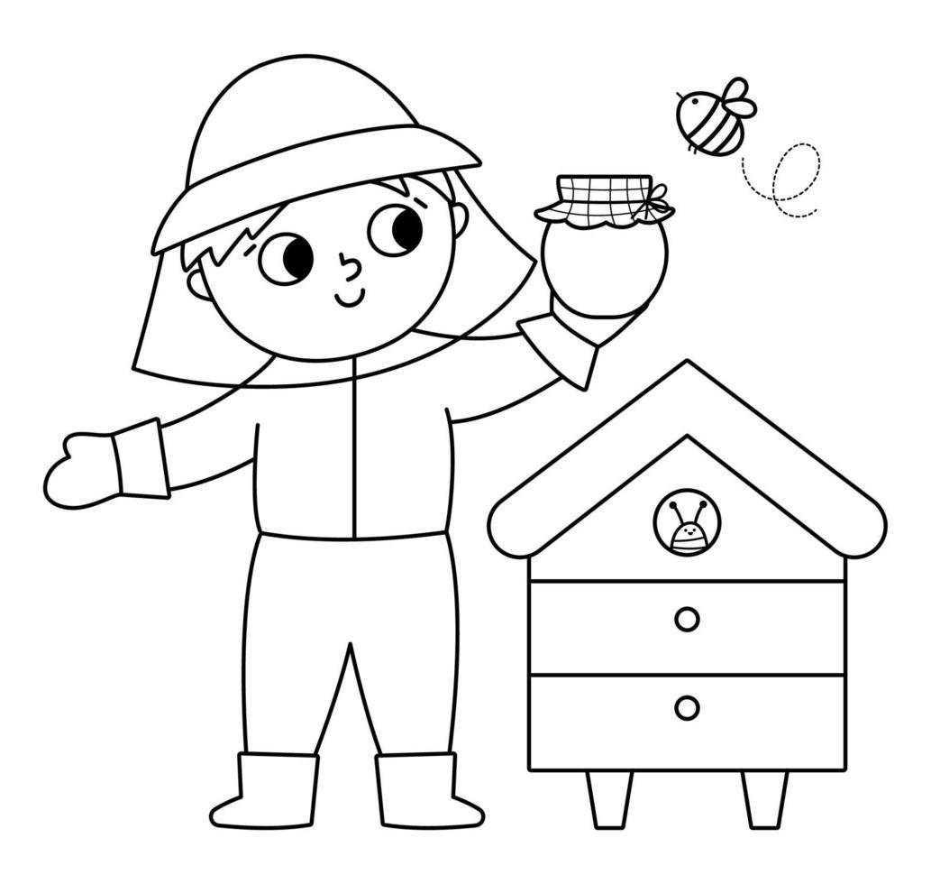 Vector black and white beekeeper with honey jar, bee, beehive. Cute outline kid doing agricultural work icon. Rural country farmer character. Funny farm illustration or coloring page