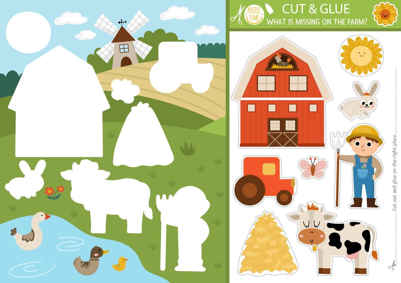 Vector on the farm cut and glue activity. Crafting game with cute rural village landscape map. Fun printable worksheet for children. Find the right piece of the puzzle. Complete the picture