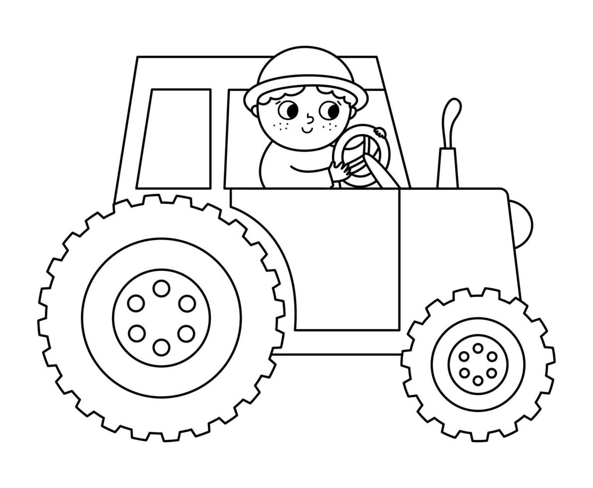 Vector black and white farmer driving tractor icon. Farm outline transportation with driver isolated on white background. Funny rural illustration or coloring page for kids with cute boy