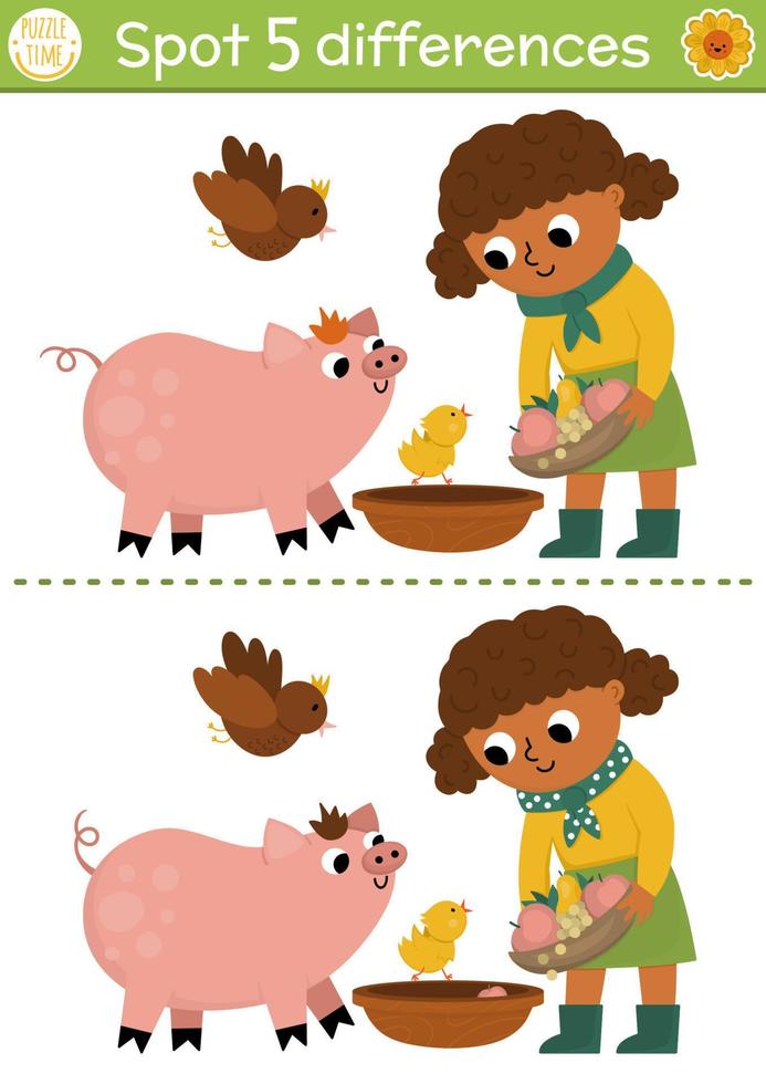 Find differences game for children. On the farm educational activity with cute farmer girl feeding pig. Farm puzzle for kids with funny character. Rural village printable worksheet or page vector