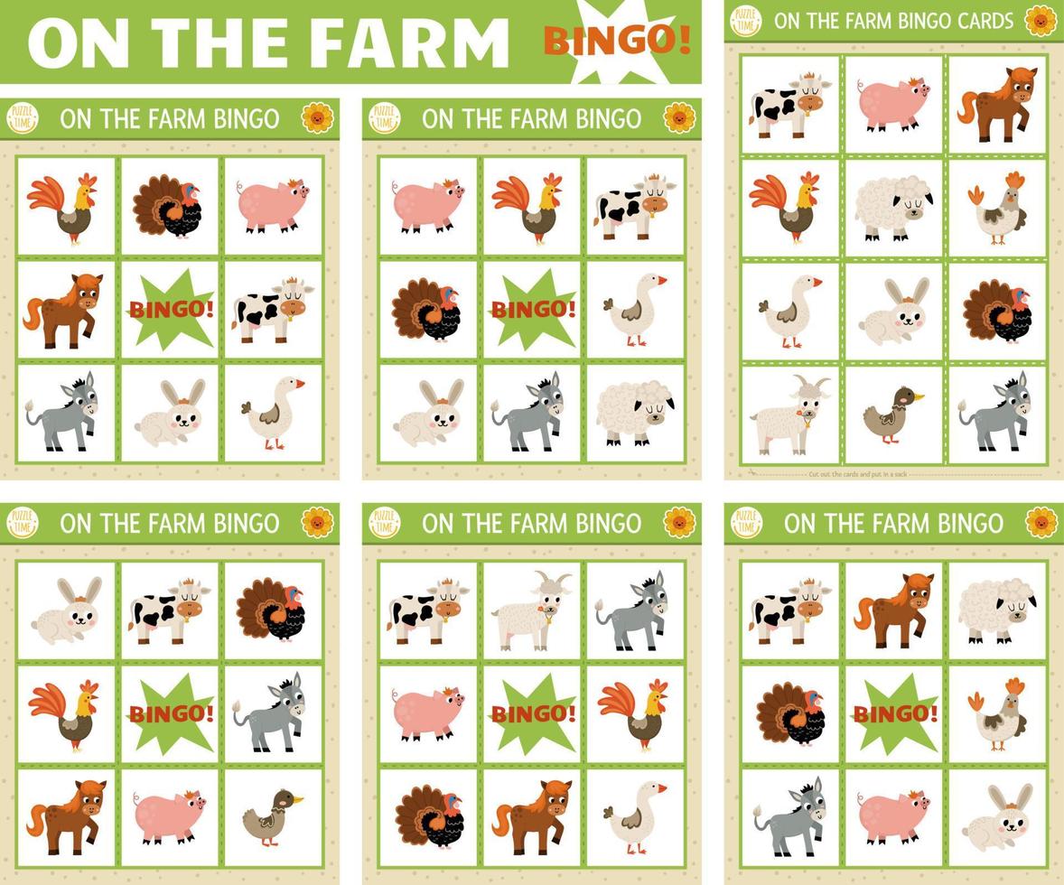 Vector farm animals bingo cards set. Fun family lotto board game with cute goat, pig, horse, cow for kids. Rural countryside lottery activity. Simple educational printable worksheet.