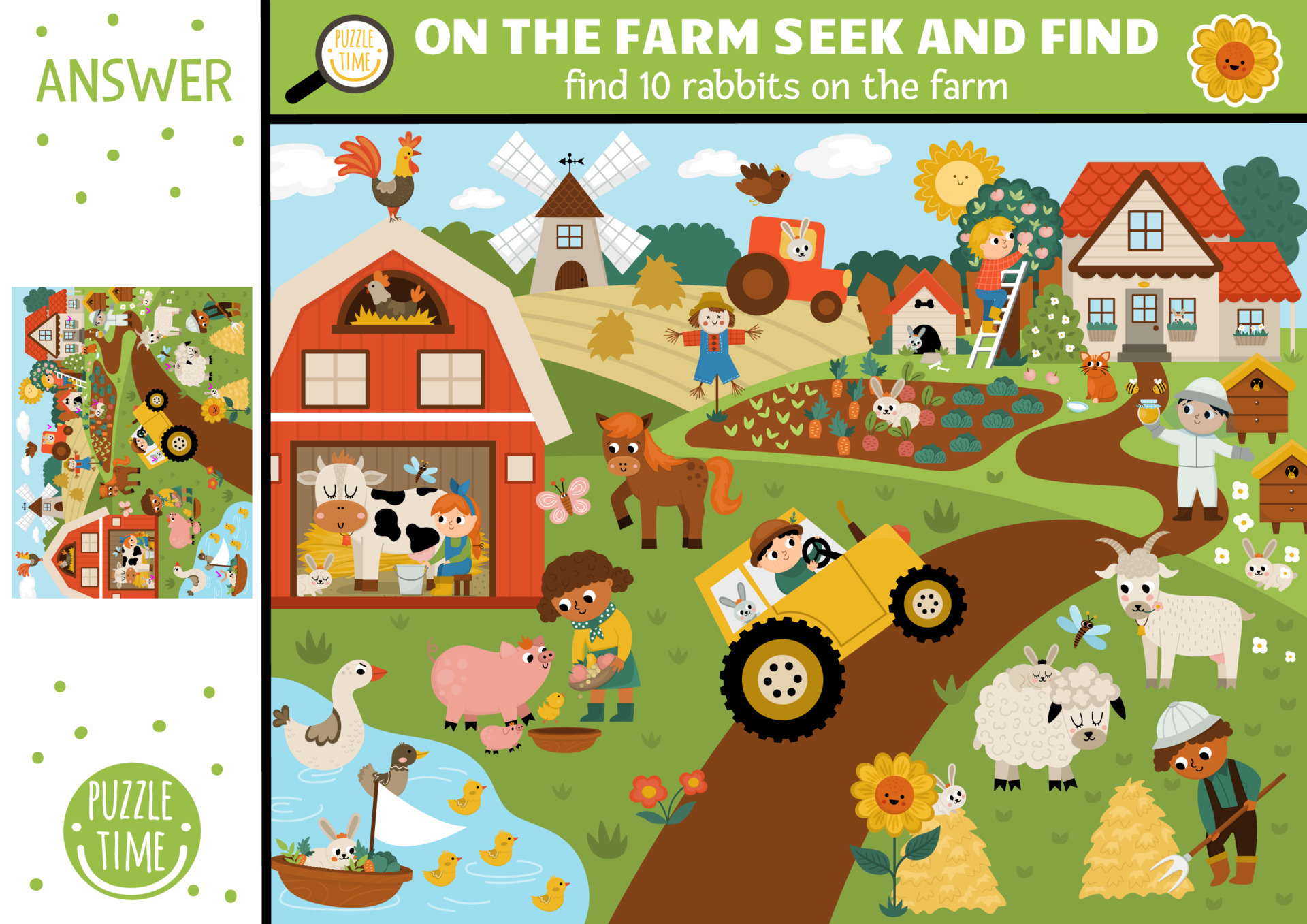 On the farm hide and seek game. Farm matching activity for kids