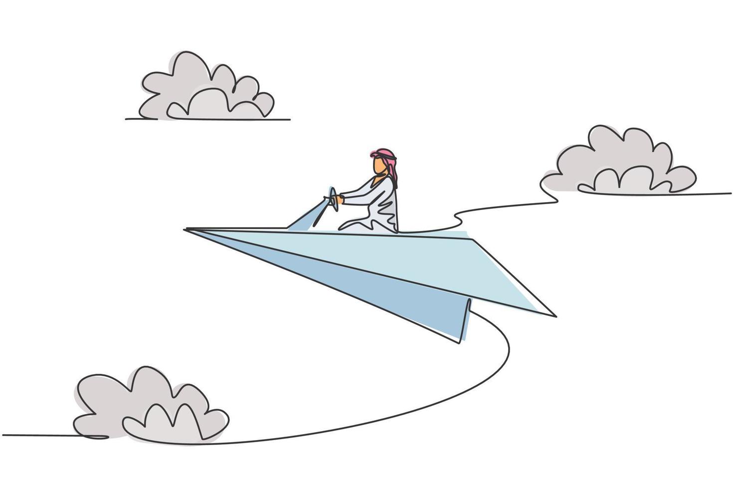 dibujo continuo de una línea de un joven trabajador árabe volando con un avión de papel en un viaje de negocios. Gerente de éxito concepto de metáfora minimalista. Ilustración gráfica de vector de diseño de dibujo de una sola línea